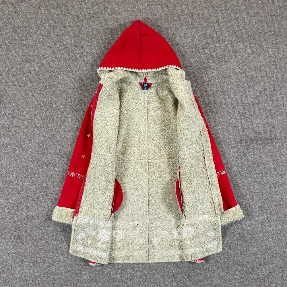 VTG Gap Kids Girl’s XL Red Faux Suede Shearling Nordic Embroidered Hooded Jacket